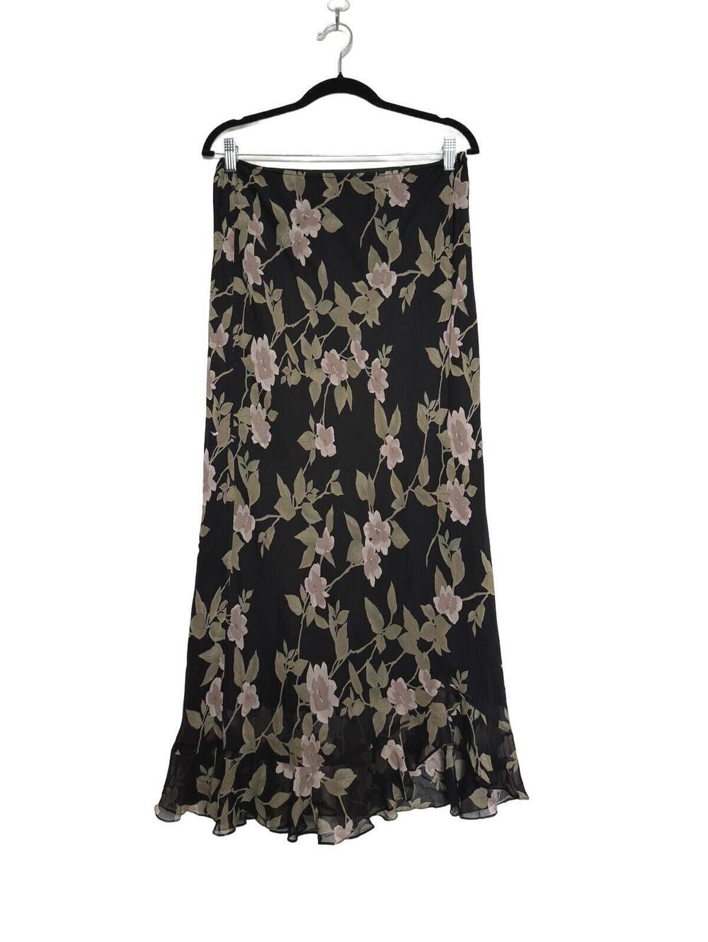 Vintage 90s Black‎ Floral Ruffle HemSkirt Large